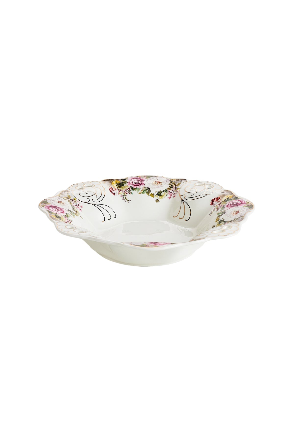 Bol fructieră porțelan model floral vintage, margini dantelate, diametru 33 cm