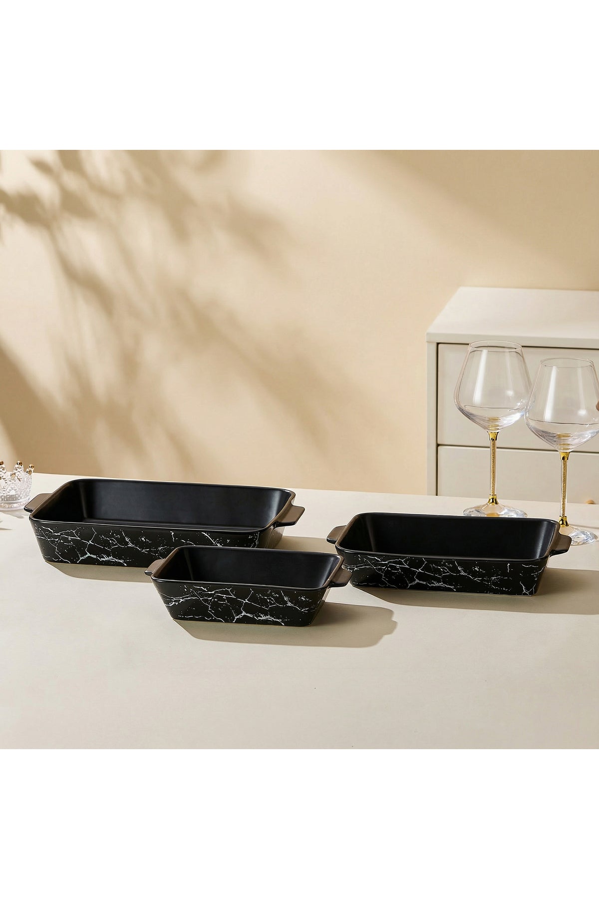 Set 3 Tăvi de Cuptor Dreptunghiulare din Porțelan - Negru marmorat