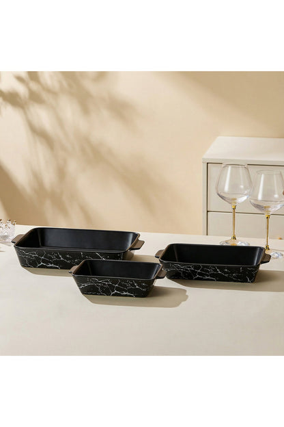 Set 3 Tăvi de Cuptor Dreptunghiulare din Porțelan - Negru marmorat