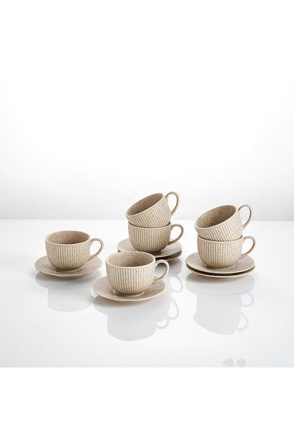 Set de 6 cești cu 6 farfurioare, porțelan, 190 ml - Bej nisip