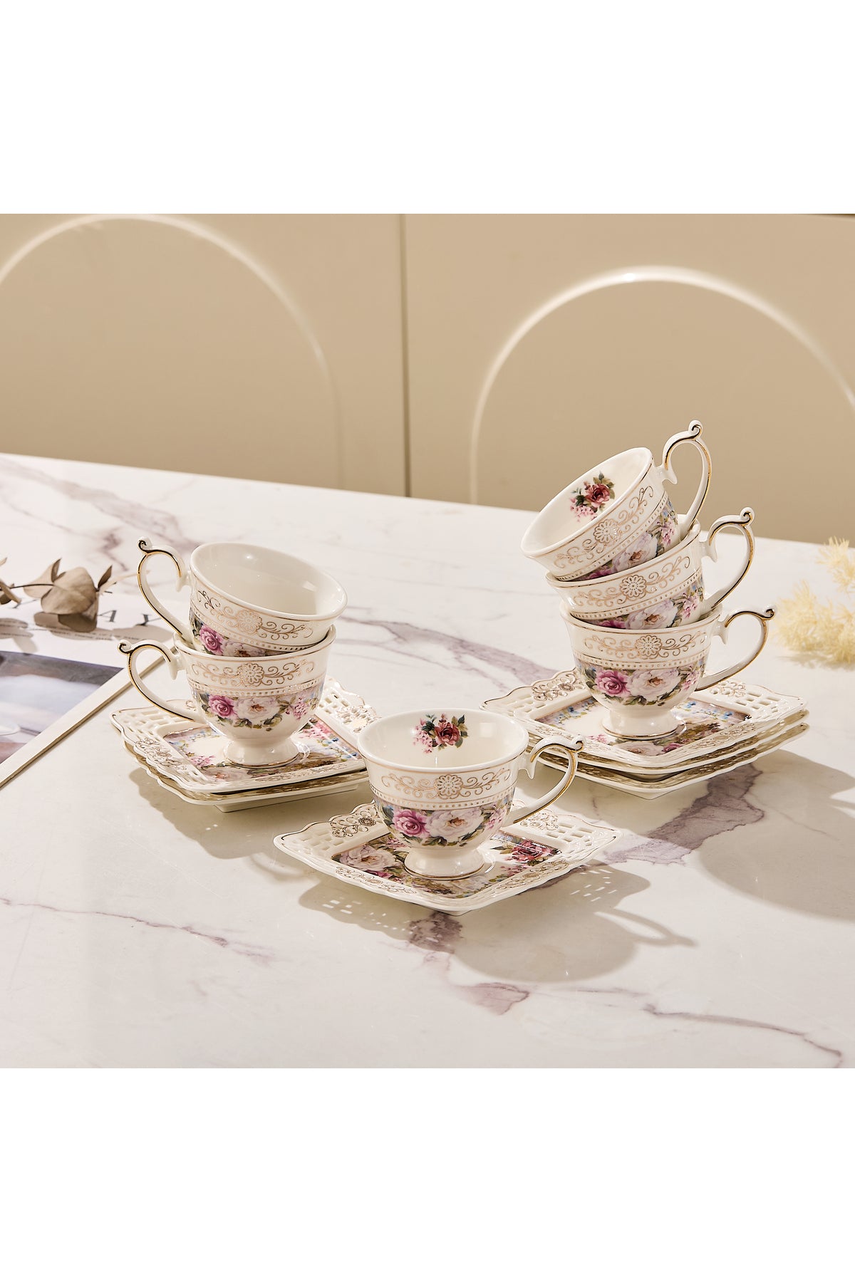 Set 6 cești espresso cu 6 farfurioare porțelan 90 ml – cești cafea model floral elegant