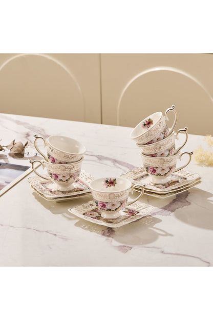 Set 6 cești espresso cu 6 farfurioare porțelan 90 ml – cești cafea model floral elegant