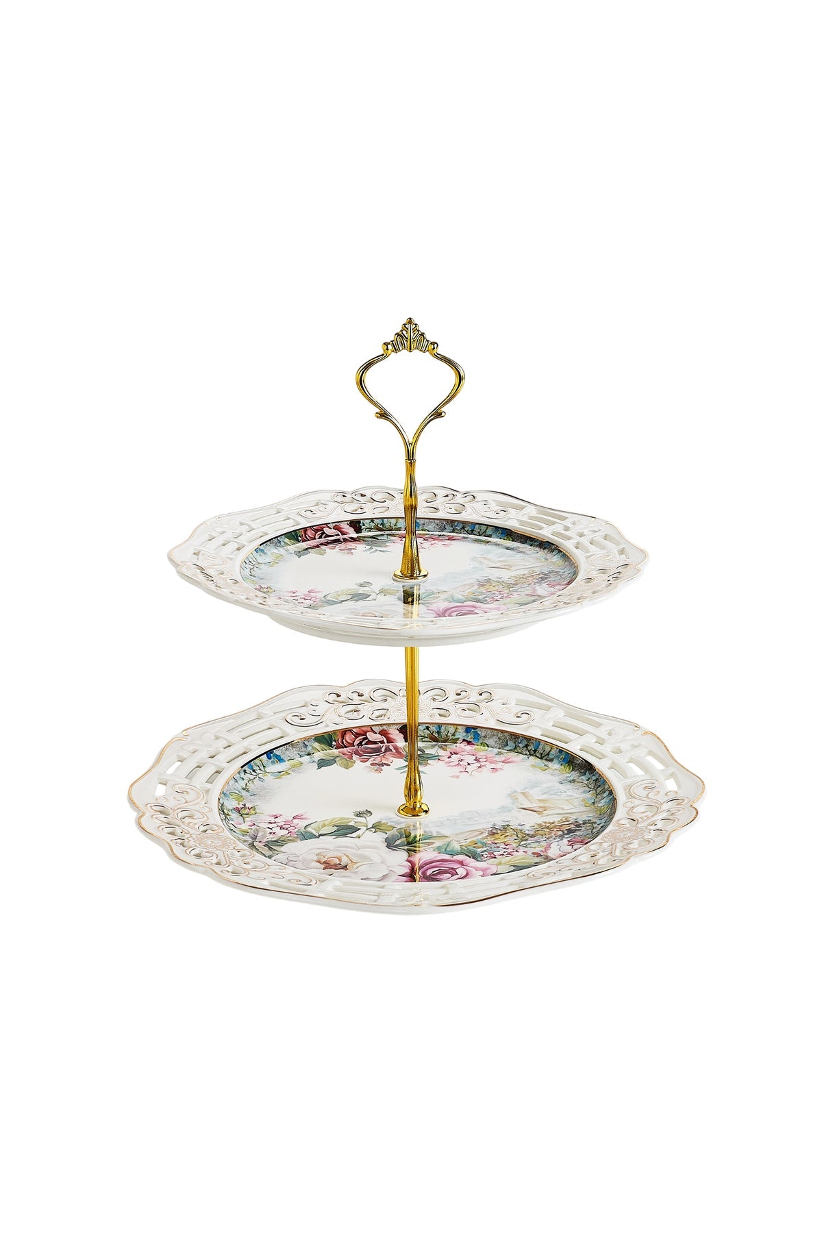 Platou etajat 2 niveluri porțelan, model floral vintage, platouri rotunde