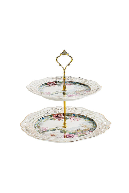 Platou etajat 2 niveluri porțelan, model floral vintage, platouri rotunde