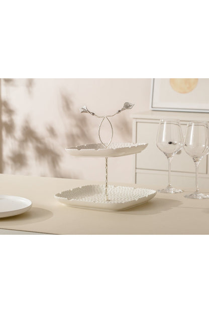 Platou etajat Candy Bar din Porțelan cu Detalii Florale Metalice - 29.8 cm