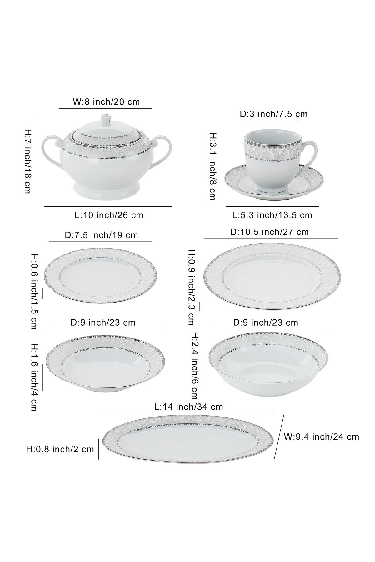 Serviciu de Masă 12 Persoane Silver Lace Heritage din Porțelan, 64 Piese, Design Broderie Clasică