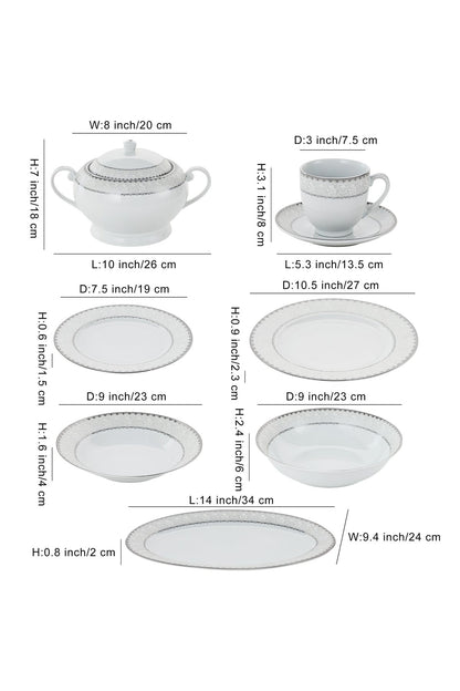 Serviciu de Masă 12 Persoane Silver Lace Heritage din Porțelan, 64 Piese, Design Broderie Clasică