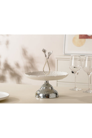 Platou servire din Porțelan cu Picior Metalic și Mâner Decorativ - 27.8 cm