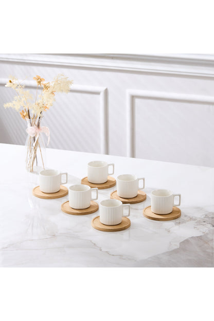 Set 6 cești espresso porțelan Block cu farfurioare bambus, 90ml, alb