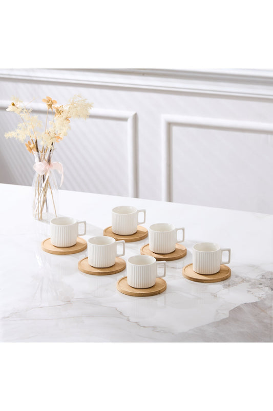Set 6 cești espresso porțelan Block cu farfurioare bambus, 90ml, alb
