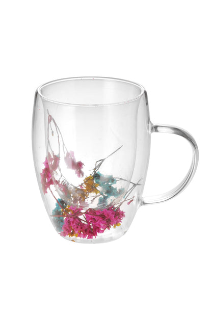 Cană din Sticlă cu Pereți Dubli "Luna" cu Flori Uscate Multicolore – 350 ml