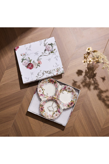 Platou compartimentat 3 secțiuni porțelan, model floral vintage, mâner auriu