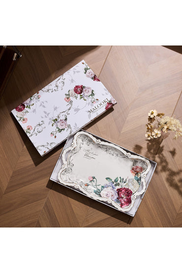 Tavă servire porțelan model floral vintage, mânere integrate, 42 x 27 cm