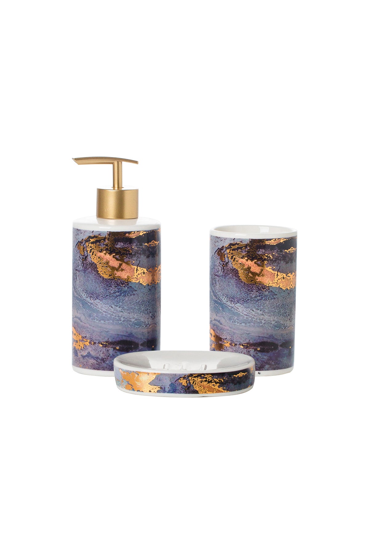 Set accesorii baie Galaxy 3 piese – dozator sapun, suport sapun solid, pahar, porțelan cu detalii aurii