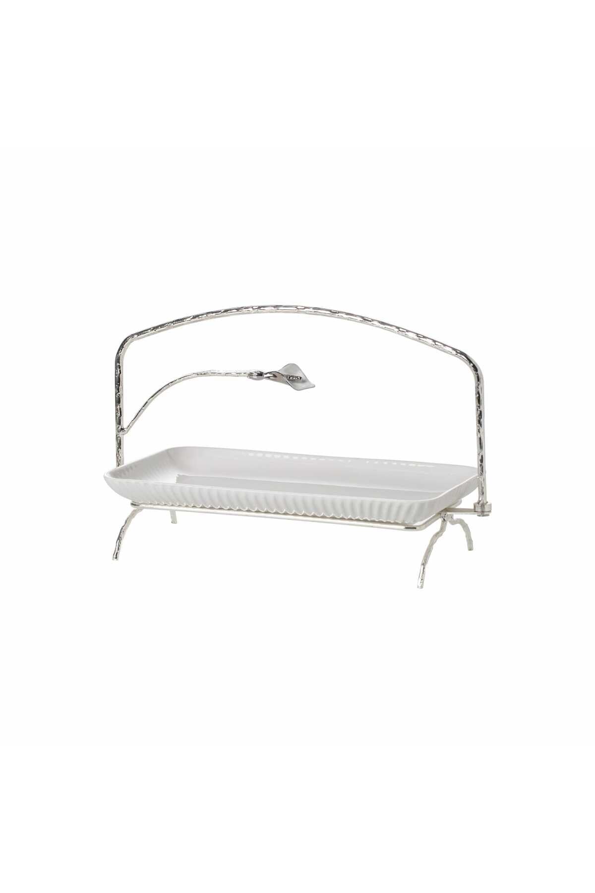 Platou Servire din porțelan alb cu Suport Metalic argintiu - 34.6 cm