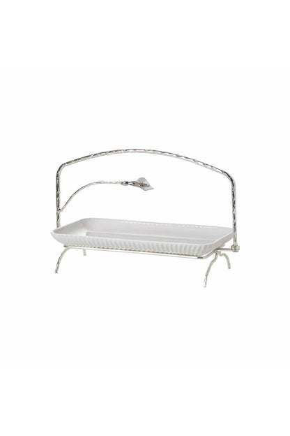 Platou Servire din porțelan alb cu Suport Metalic argintiu - 34.6 cm