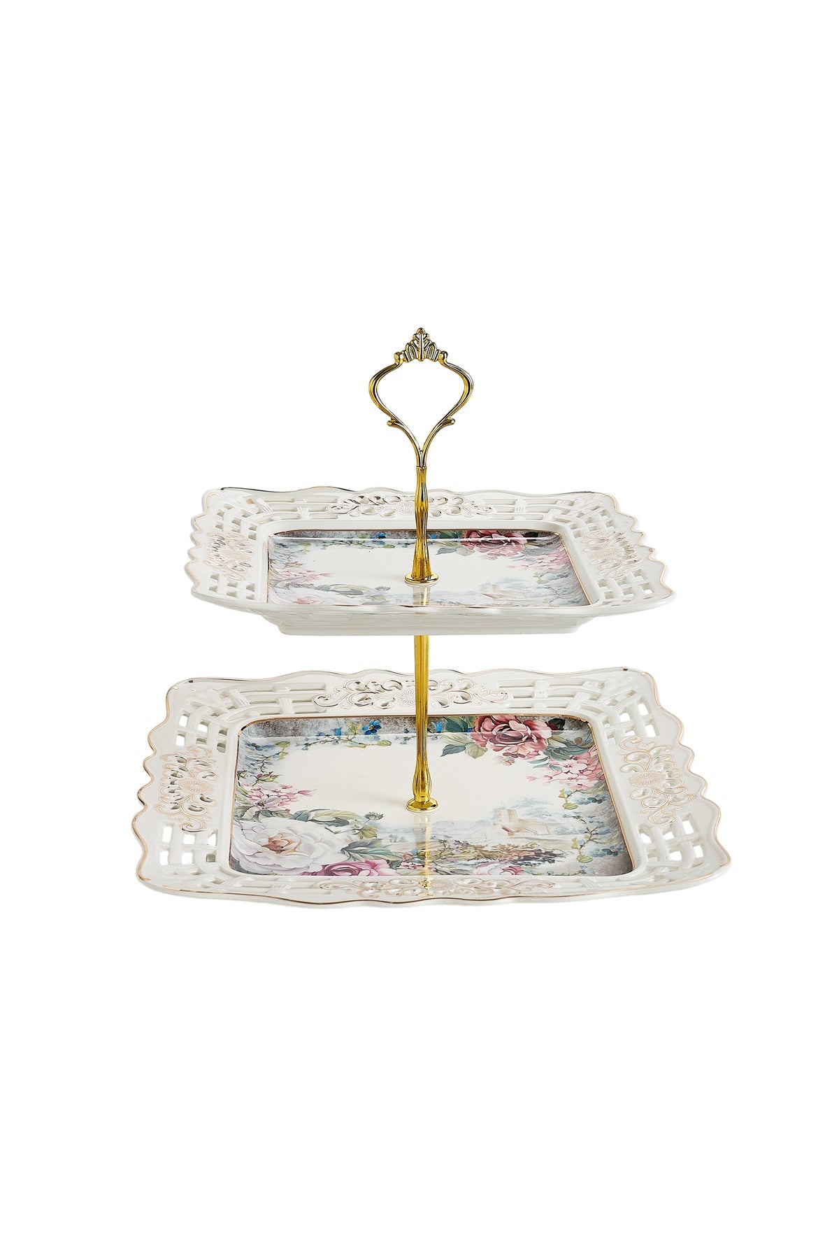 Platou etajat 2 niveluri porțelan, model floral vintage, tijă metalică aurie