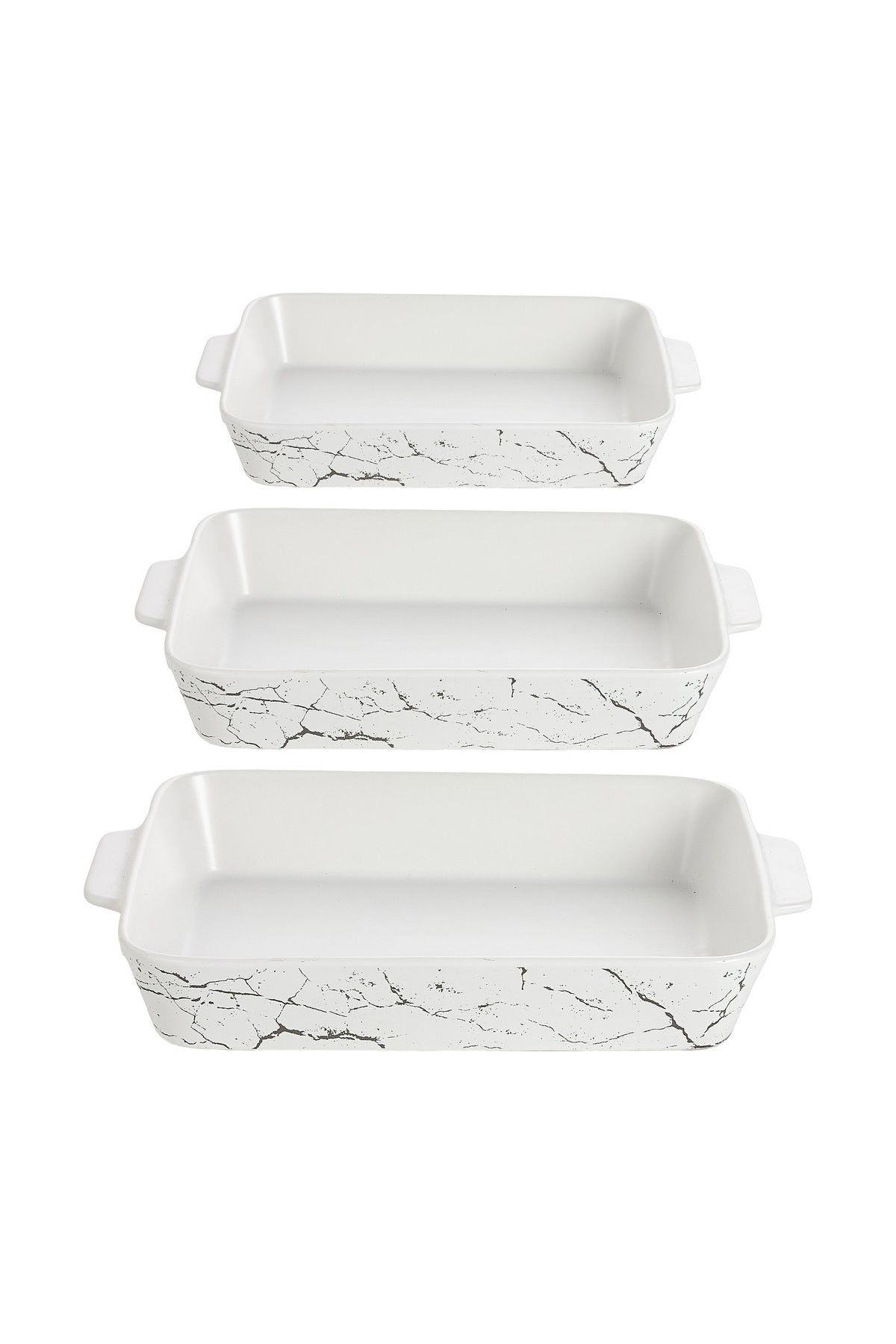Set 3 Tăvi de cuptor Dreptunghiulare din Porțelan - alb marmorat