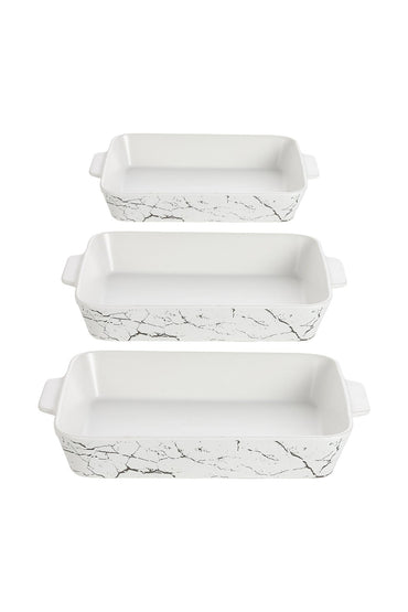 Set 3 Tăvi de cuptor Dreptunghiulare din Porțelan - alb marmorat