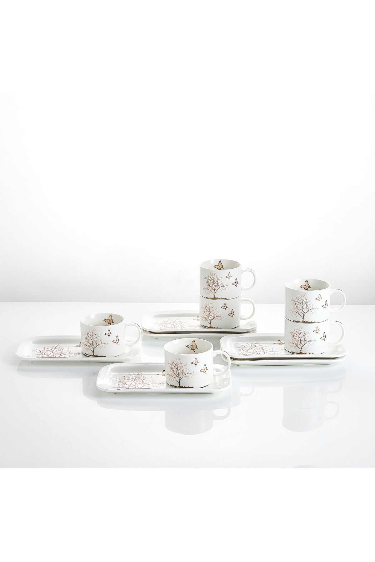 Set de 6 cești cu 6 farfurioare platou dreptunghiular, porțelan, 180 ml - Lifetree collection