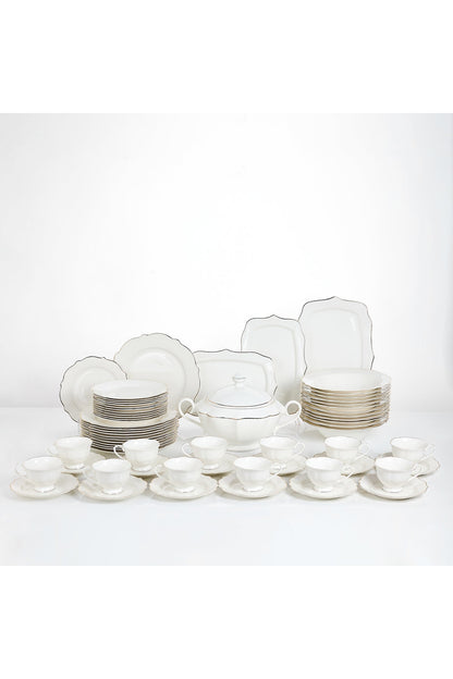 Set masă 65 piese porțelan Dubai, alb cu bordură aurie, 12 persoane