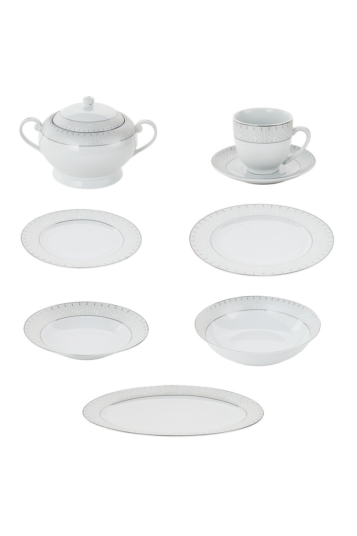 Serviciu de Masă 12 Persoane Starlight Silver din Porțelan , 64 Piese, Design și Bordură Argintie