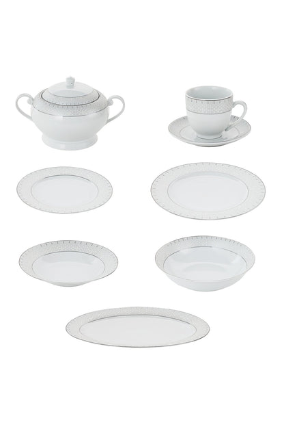 Serviciu de Masă 12 Persoane Starlight Silver din Porțelan , 64 Piese, Design și Bordură Argintie