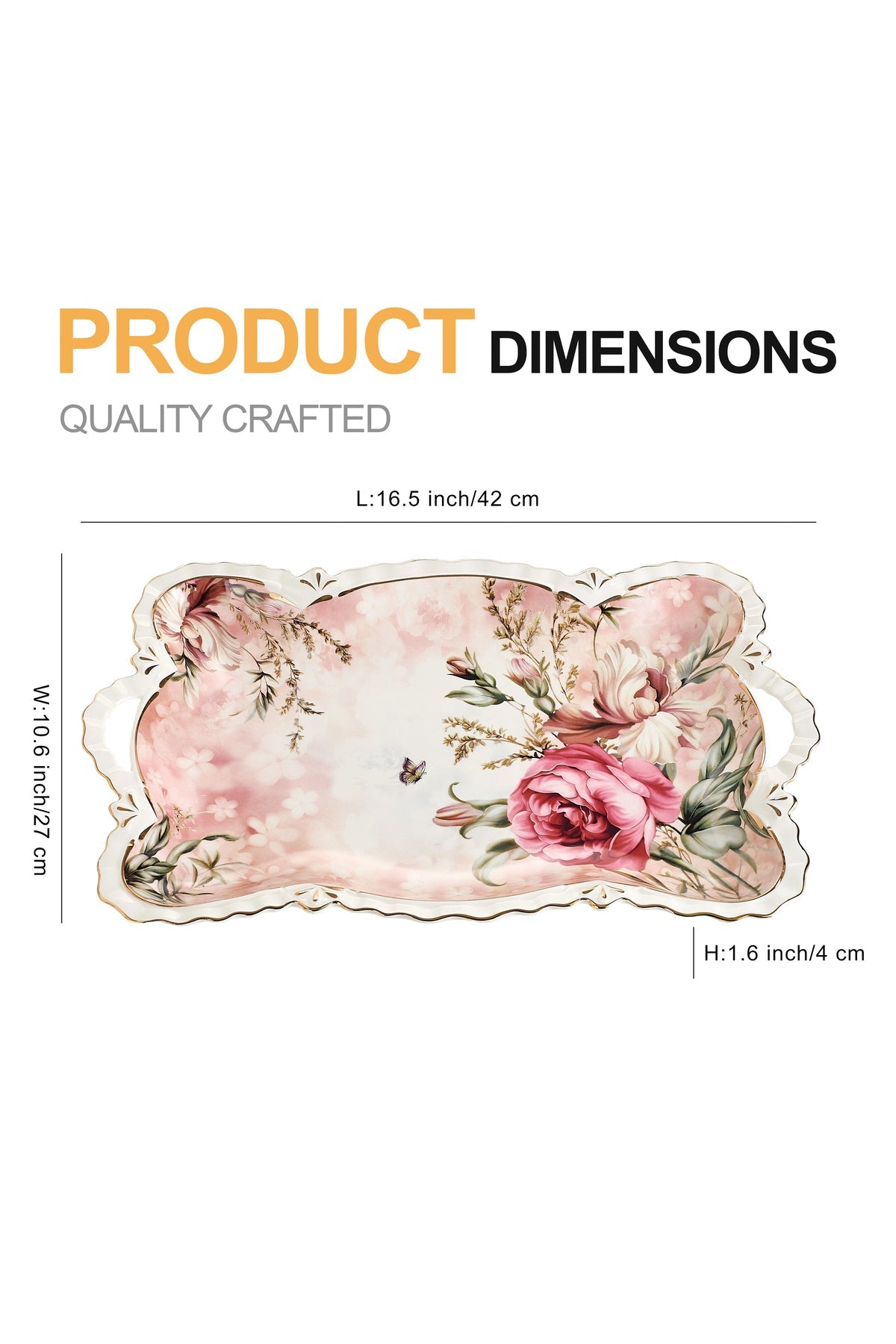 Tavă servire porțelan model floral vintage, mânere integrate, 42 x 27 cm