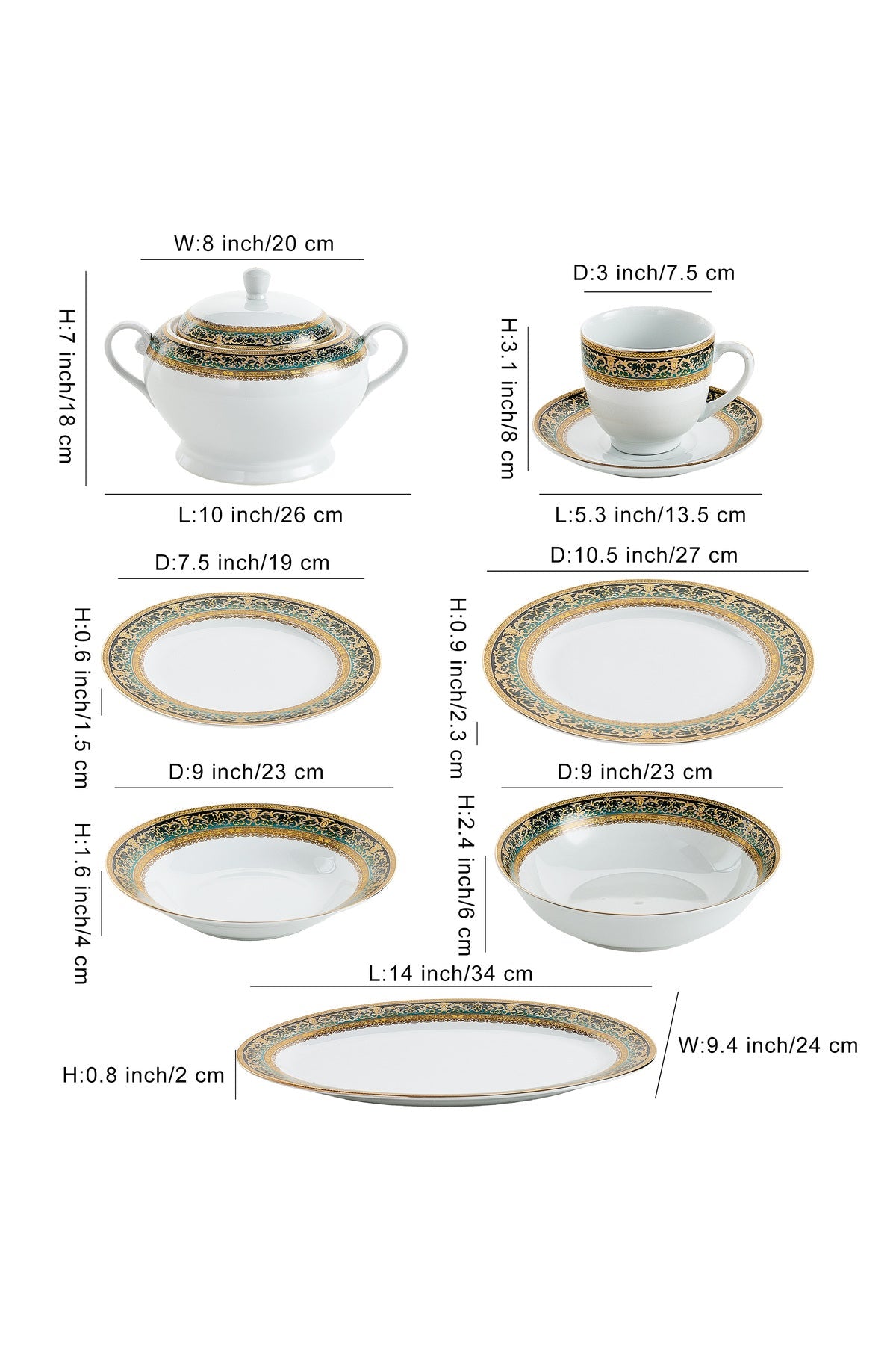 Serviciu de Masă 12 Persoane Emerald Royal Gold din Porțelan , 64 Piese, Design Baroc Verde cu Aur