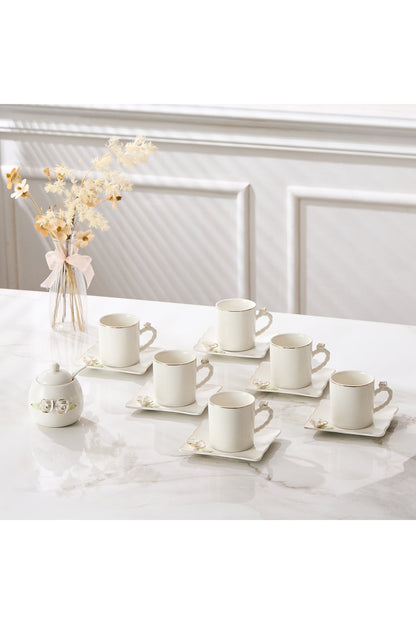 Set 6 Cești de Cafea din Porțelan cu Farfurioare și Zaharniță, 180 ml - Detalii Florale