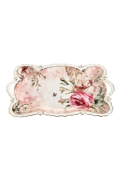Tavă servire porțelan model floral vintage, mânere integrate, 42 x 27 cm
