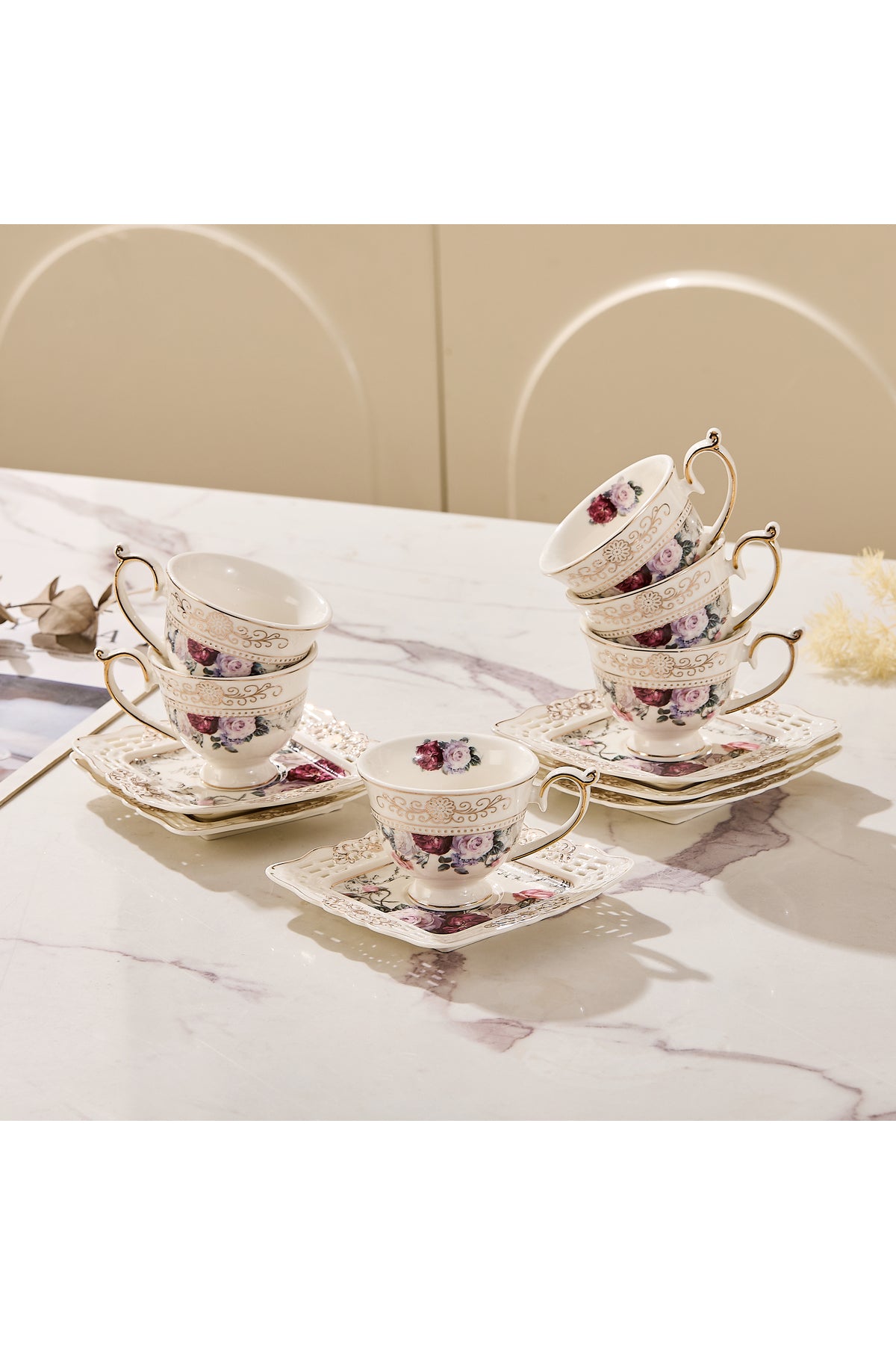 Set 6 cești espresso cu 6 farfurioare porțelan 90 ml – cești cafea model floral elegant