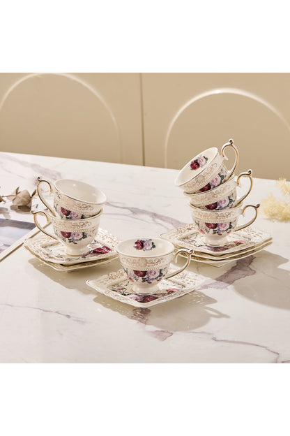 Set 6 cești espresso cu 6 farfurioare porțelan 90 ml – cești cafea model floral elegant