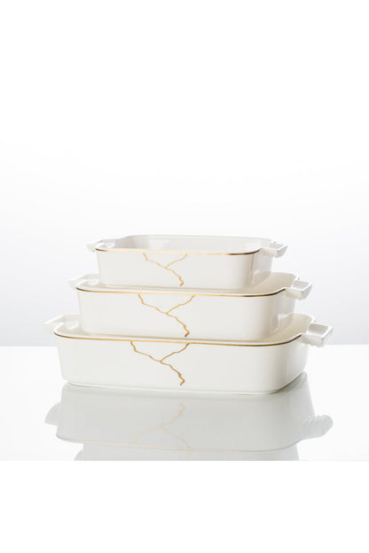 Set 3 tăvi cuptor Infinity – porțelan alb cu vene aurii, rezistente la cuptor
