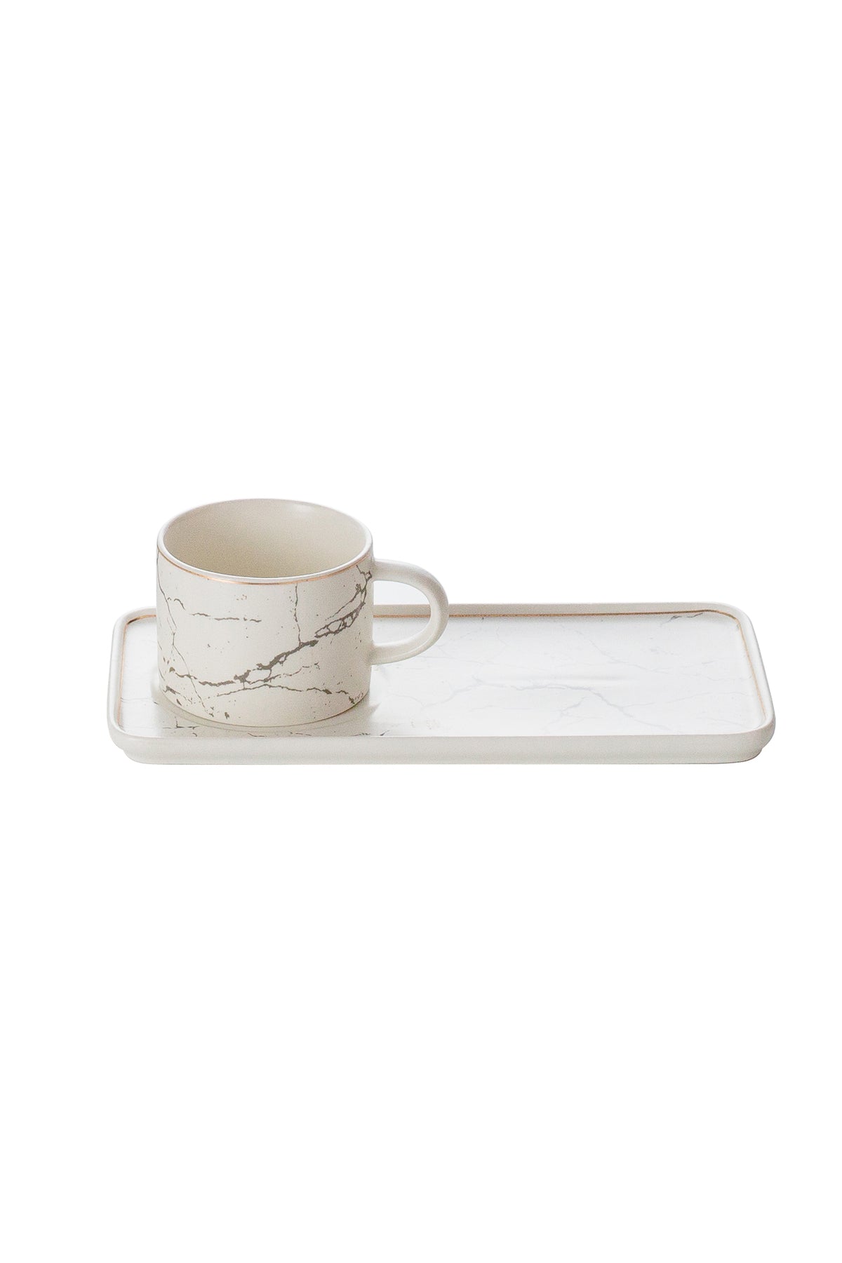 Set 6 Cești de cafea cu 6 farfurii lungi tip tavă, 200 ml, Porțelan – Alb marmorat