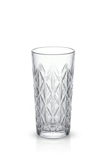 Set 6 pahare highball sticlă Star, model stea gravat, 330ml, transparent