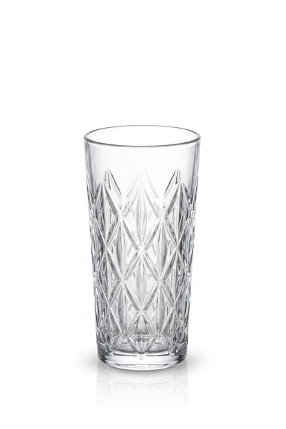Set 6 pahare highball sticlă Star, model stea gravat, 330ml, transparent