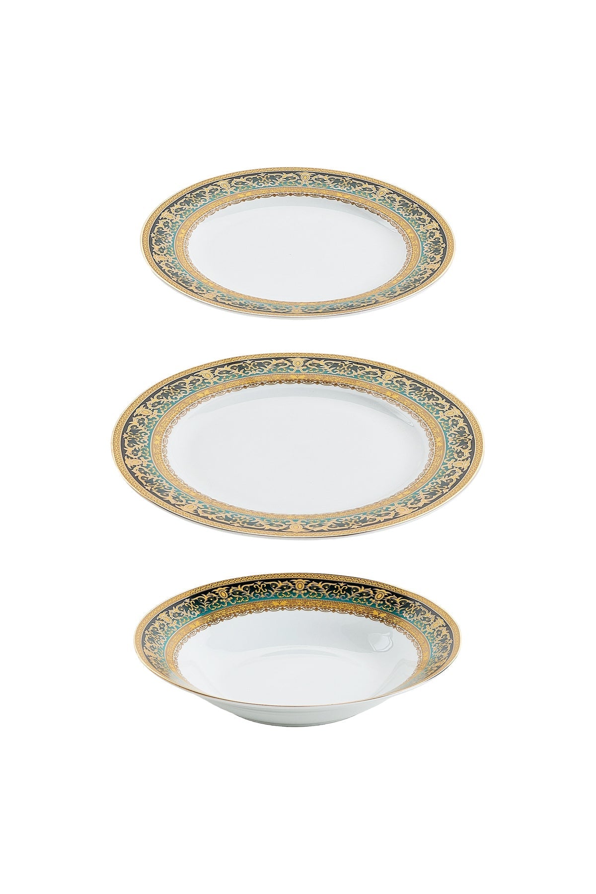 Serviciu de Masă 6 persoane Emerald Royal Gold din Porțelan , 18 Piese, Design Baroc Verde cu Aur