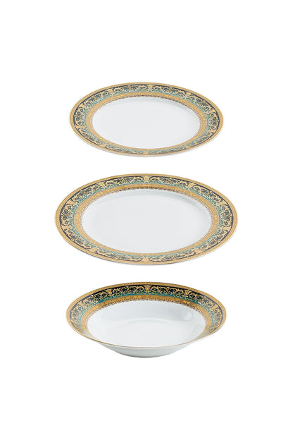 Serviciu de Masă 6 persoane Emerald Royal Gold din Porțelan , 18 Piese, Design Baroc Verde cu Aur