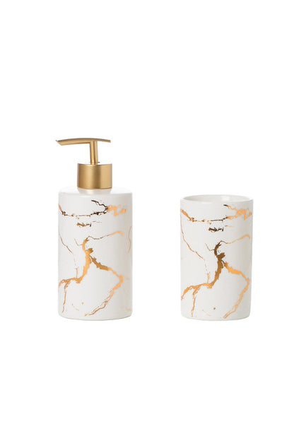 Set accesorii baie Marble 2 piese – dozator sapun lichid si pahar, porțelan cu detalii aurii