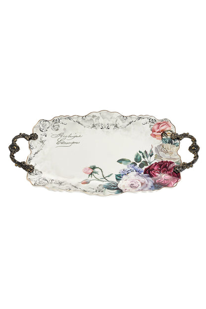 Tavă servire porțelan ovală model floral vintage, mânere metalice bronz, 44.5 cm