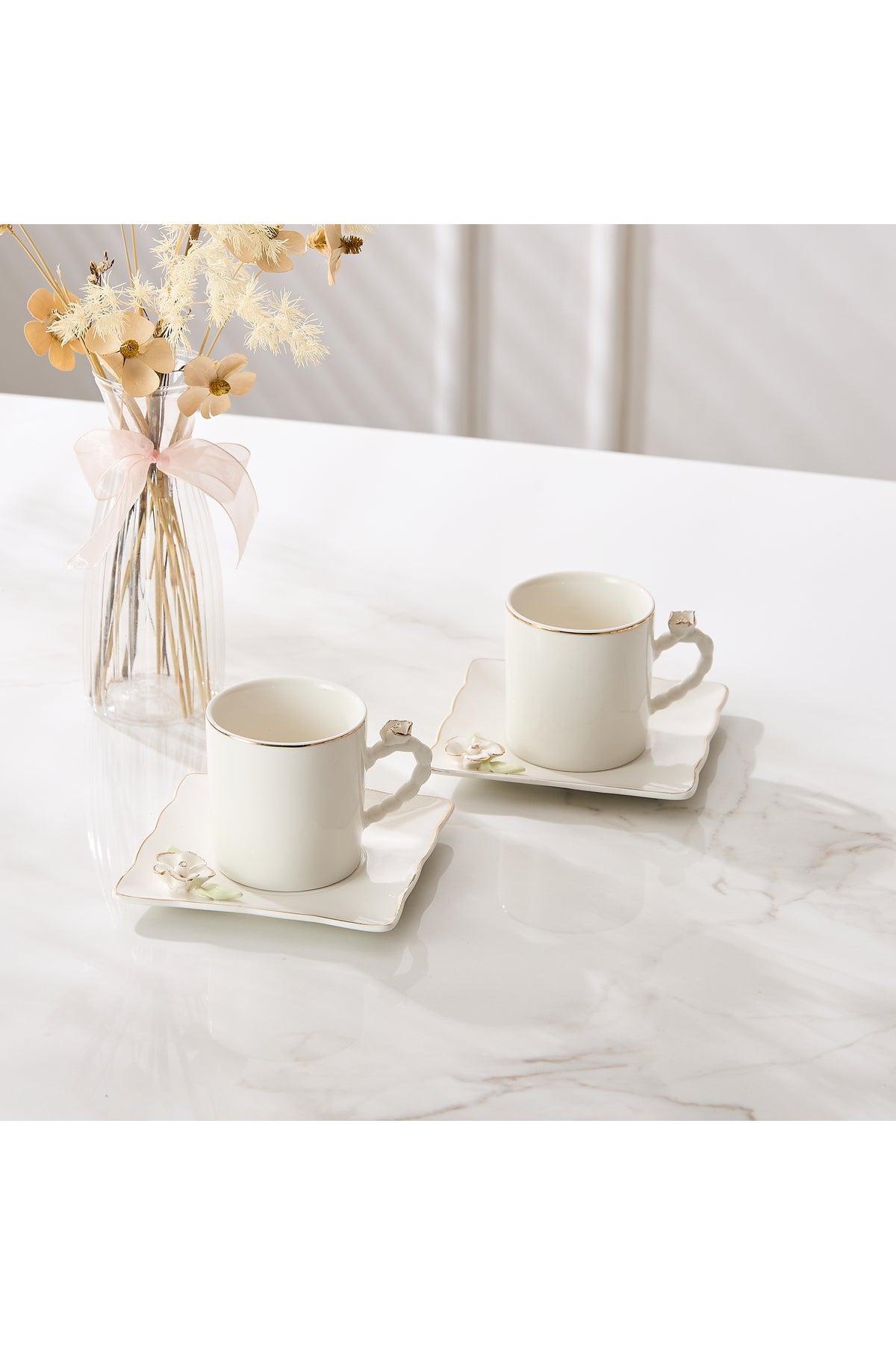 Set 2 Cești de Cafea din Porțelan cu Farfurioare, 180 ml - Detalii Florale