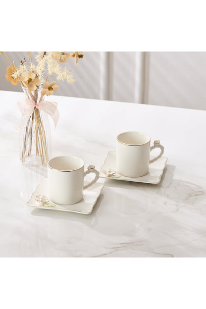 Set 2 Cești de Cafea din Porțelan cu Farfurioare, 180 ml - Detalii Florale