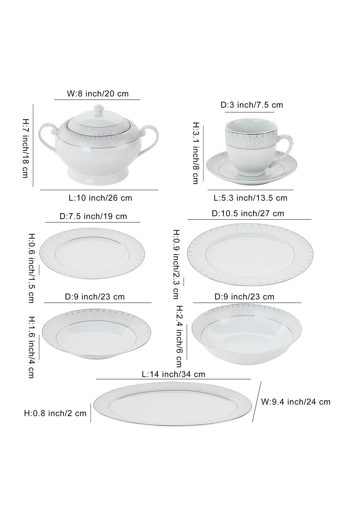 Serviciu de Masă 12 Persoane Starlight Silver din Porțelan , 64 Piese, Design și Bordură Argintie