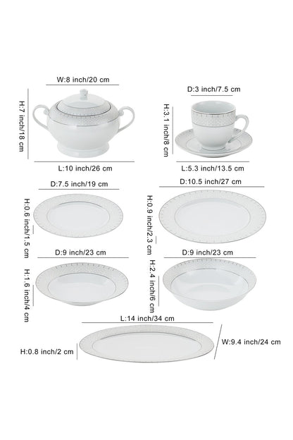 Serviciu de Masă 12 Persoane Starlight Silver din Porțelan , 64 Piese, Design și Bordură Argintie