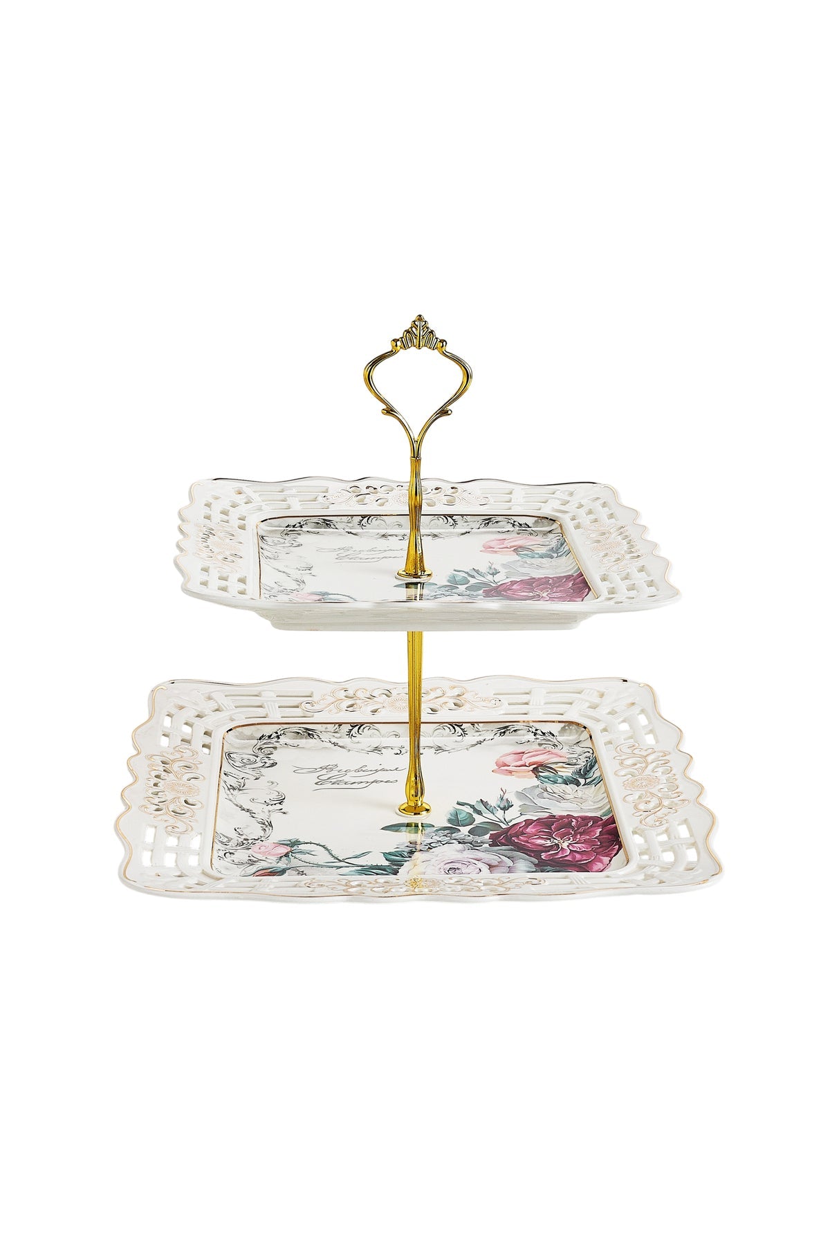 Platou etajat 2 niveluri porțelan, model floral vintage, tijă metalică aurie