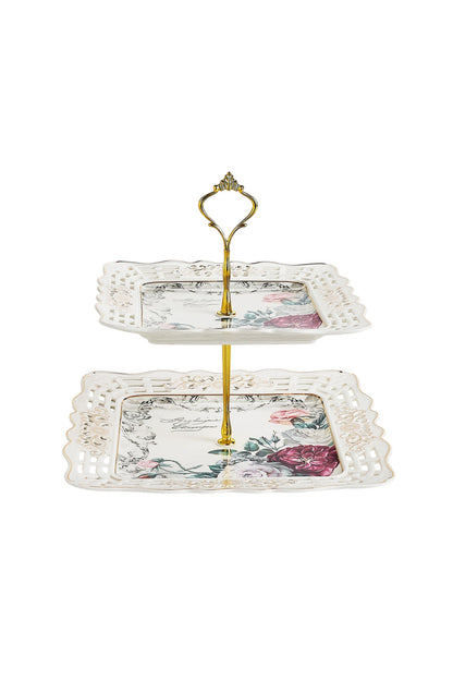 Platou etajat 2 niveluri porțelan, model floral vintage, tijă metalică aurie