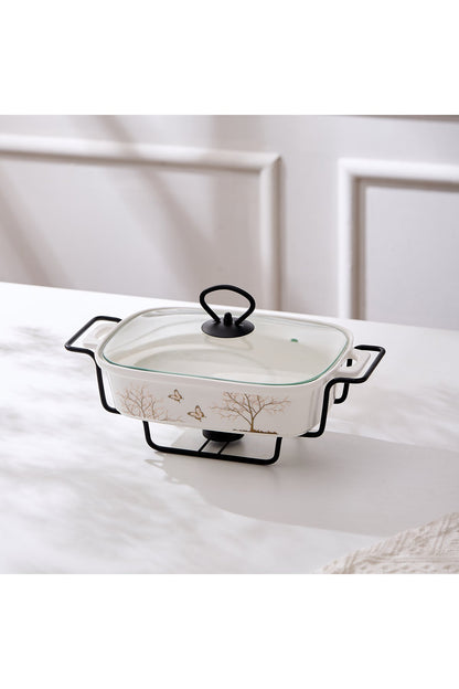 Vas de cuptor din porțelan cu suport încălzitor și capac sticlă, 27 cm - Lifetree Collection