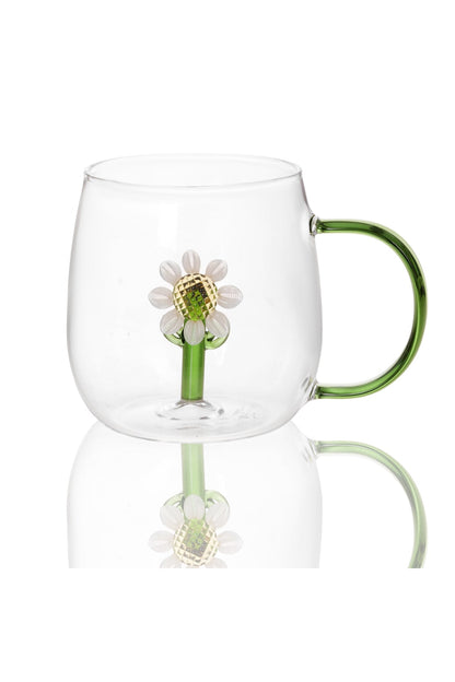 Cană din Sticlă "Sole" cu Floare Decorativă Albă – 350 ml