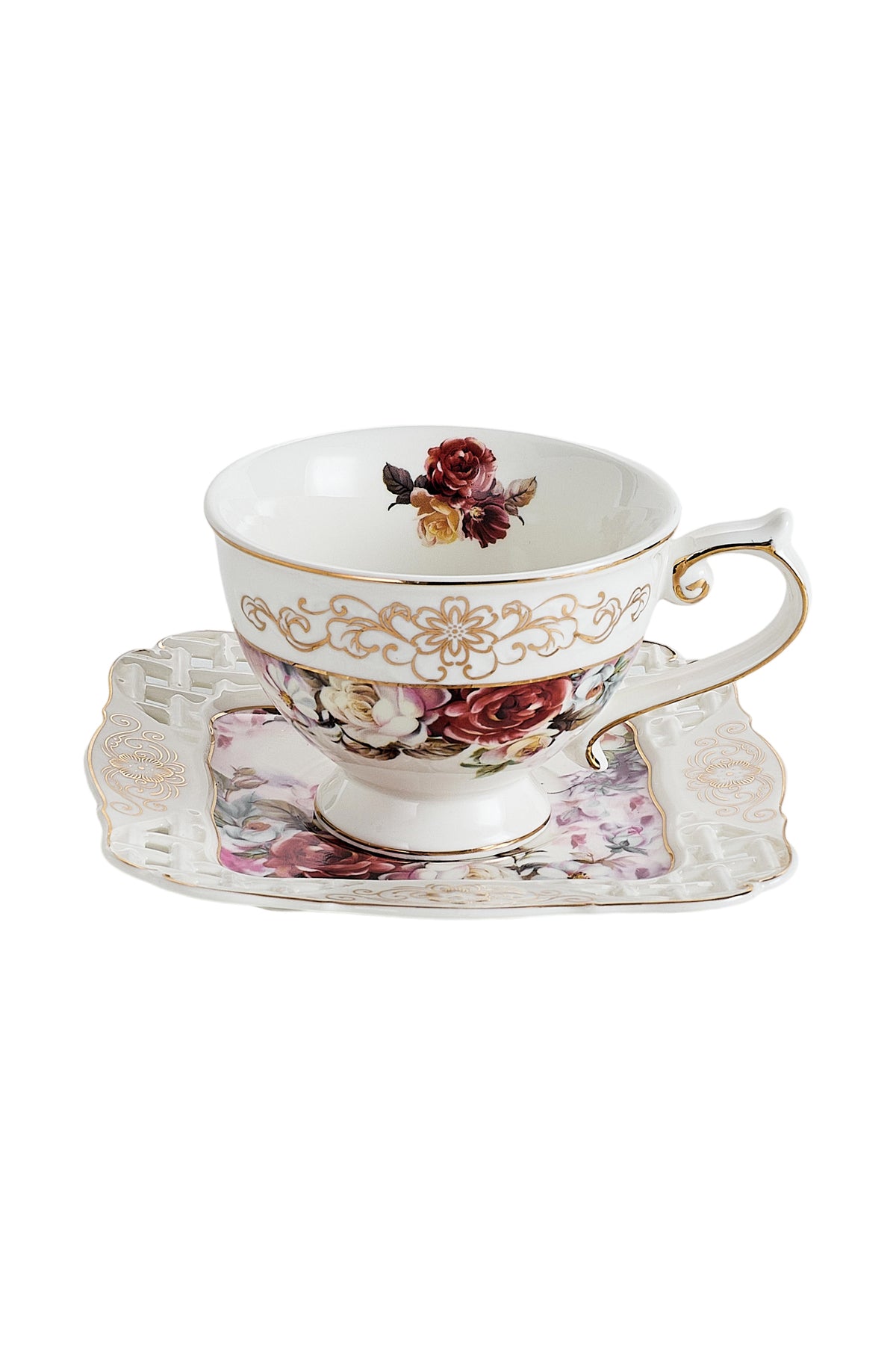 Set 2 cești cafea cu 2 farfurioare porțelan 200 ml – model floral elegant